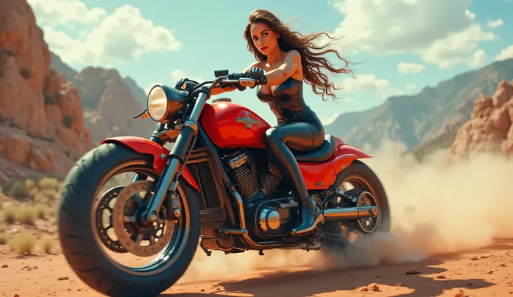 Beautiful sexy woman riding a big off-road bike, with red paint and chrome details, Sexy woman on a big off road motorcycle, wit...