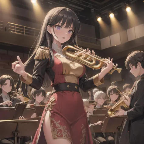 Depict a 20-year-old, dazzlingly beautiful woman playing a brass instrument in a grand concert hall. She wears an elegant yet pr...