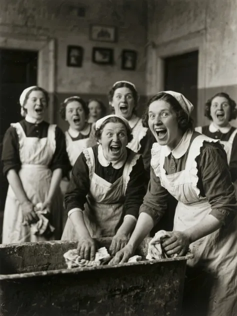 Asylum from the beginning of the century, THEIR FACES ARE ULTRA-EXPRESSIVE, Like crazy faces, women of cleaning and hard work