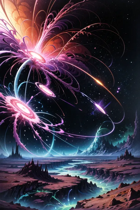 a painting of a colorful fireworks in the sky over a mountain