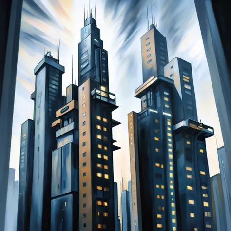 painting of a city with tall buildings and a sky background