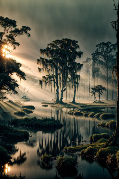 a view of a river with trees and fog in the background