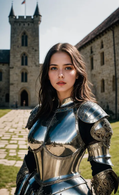 a woman in armor standing in front of a castle