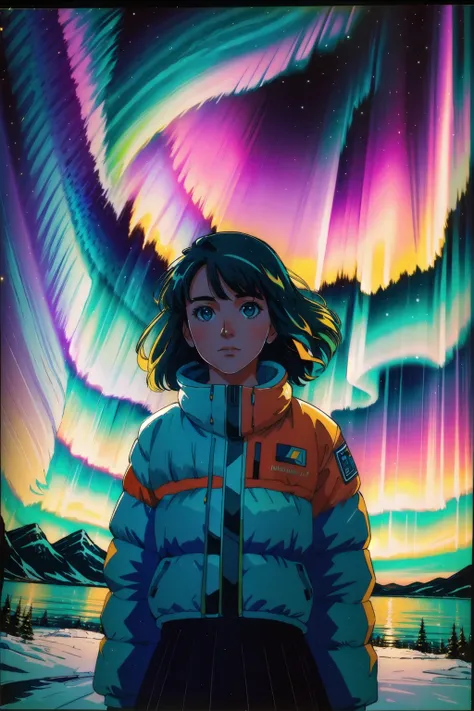 a girl in a jacket standing in front of a colorful aurora light