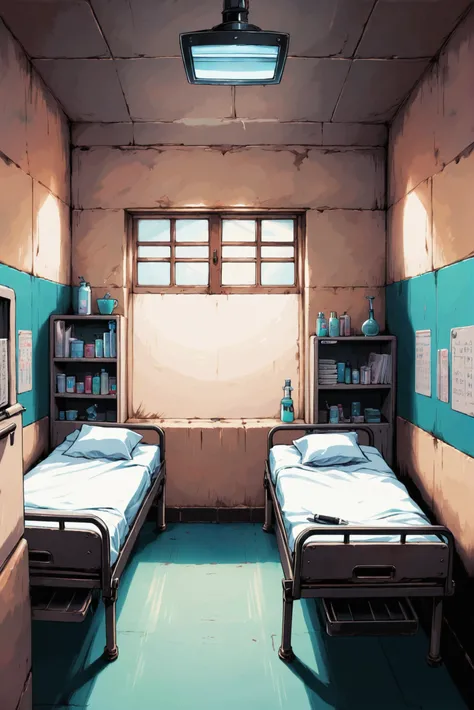 fine point pen digital painting, anime style, Infirmary (room) <lora:EnvyStarlightAnimeInk01:1.2>