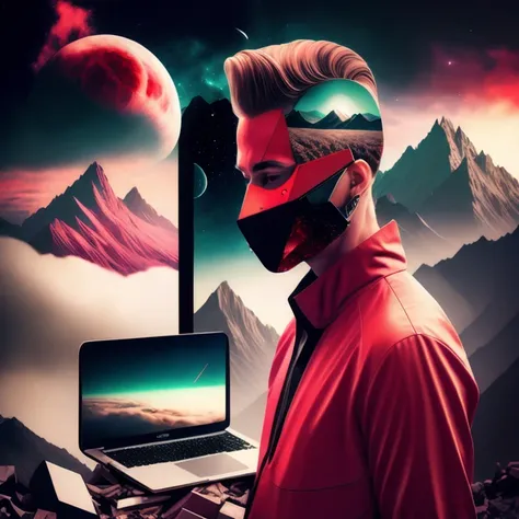 photo, fractalgeo style an image of a computer screen with a mountain scene, (man:1) in red trendy clothing wearing mask and pom...