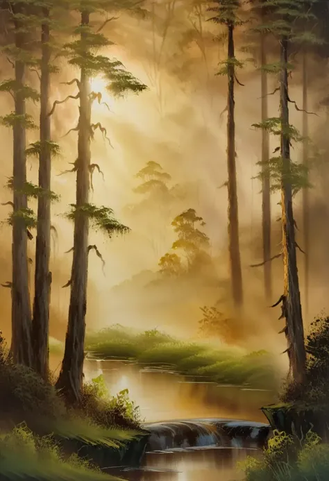 painting of a forest scene with a stream and trees